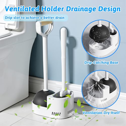 Sellemer 2 in 1 Toilet Brush and Plunger Set, Curved Design Head for Deep Clean, Heavy Duty Toilet Bowl Brush and Plunger Combo with Holder for Bathroom,White, 2 Pack - color: White