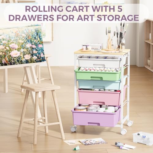 SYKIARIOL 5-Tier Rolling Utility Storage Drawer Craft Cart on Wheels with Wooden Tabletop, Mobile Craft Storage Drawer Cart Trolley for Home Office, Classroom, Craft Room & Kid Room, Ice Cream - color: Ice Cream