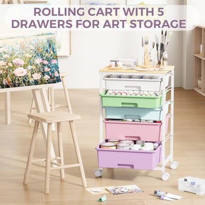 SYKIARIOL 5-Tier Rolling Utility Storage Drawer Craft Cart on Wheels with Wooden Tabletop, Mobile Craft Storage Drawer Cart Trolley for Home Office, Classroom, Craft Room & Kid Room, Ice Cream - color: Ice Cream