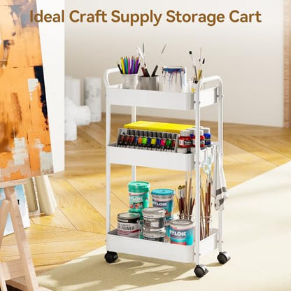 YASONIC 3-Tier Metal Rolling Cart, Sturdy Storage Utility Carts with Wheels, Multifunction Craft Art Organizer for Bedroom, Laundry, Garage, Office, Nursery, Bathroom, Easy Assembly (White) - color: White