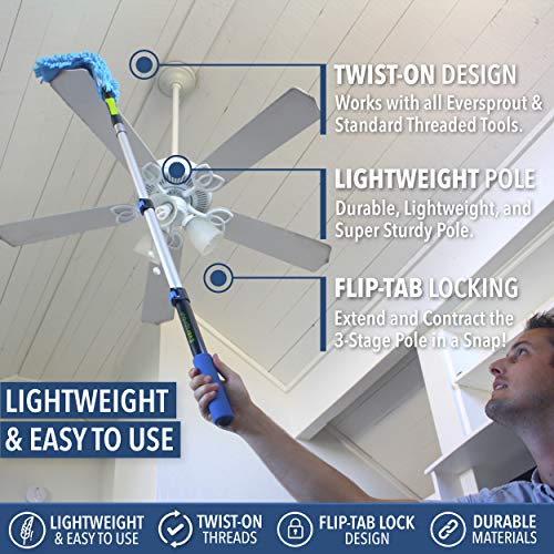 EVERSPROUT 1.5-to-3 Foot Telescopic Extension Pole | Lightweight Sturdy Aluminum Handle | Easy to Use Flip-Tab Lock Mechanism | Twist-On Metal Tip Works for Squeegee, Duster, Paint Roller (Pole only) - size: 3' Pole