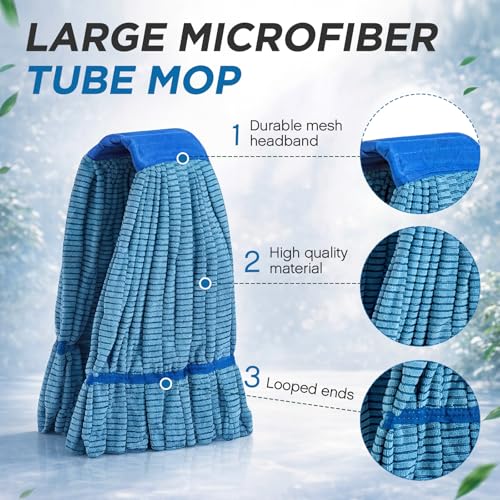 Hushee 6 Pack Large Microfiber Tube Mop Heads 18 oz Heavy Duty Commercial Industrial Wet Mop Head Refill Reusable Machine Washable Looped End Mopheads for Hardwood, Tile, Laminate Floors (Blue) - color: Blue