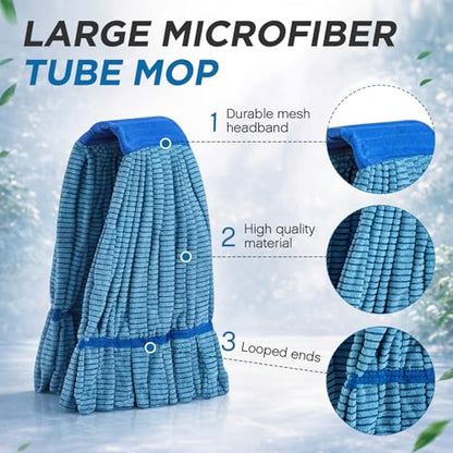 Hushee 6 Pack Large Microfiber Tube Mop Heads 18 oz Heavy Duty Commercial Industrial Wet Mop Head Refill Reusable Machine Washable Looped End Mopheads for Hardwood, Tile, Laminate Floors (Blue) - color: Blue