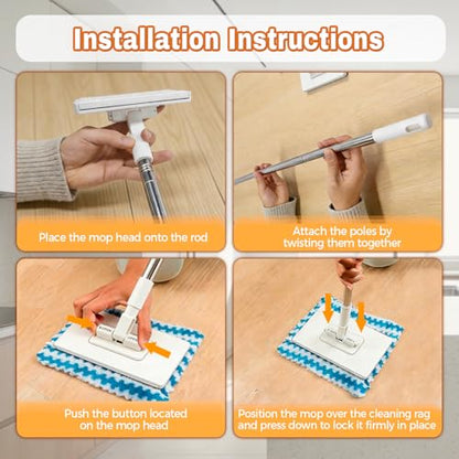 Snap Grip Mini Mop, Zero Touch No Wash Lazy Mop with One-Click Cloth Change, Compatible with Face Towels, Adjustable for Wet/Dry Floors, Tile, Hardwood, Corners (10 Reusable Cloths)