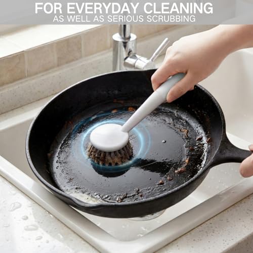 Patelai 12 Pack Kitchen Scrub Dish Brush with Long Handle Dish Scrubber with Stiff Bristles Scrub Brushes for Kitchen Dishes Washing Tools, Pots, Pans and Sink Cleaning (Gray White) - color: Gray White