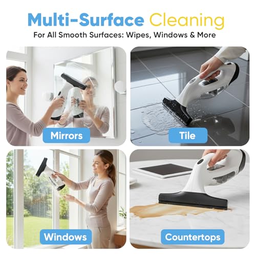 Cordless Window Vacuum Squeegee with Detachable Water Tank, 2000Pa Strong Suction, Rechargeable Glass Cleaner for Windows, Shower, Mirror & Tiles, Lightweight 2-in-1 Wiper with Microfiber Pad