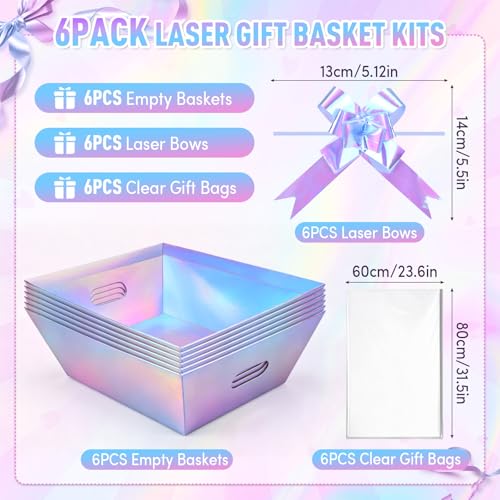 AFOROEOA 6PACK Laser Baskets for Gifts Empty, 12x10x4” Holographic Iridescent Gift Basket Kit with 6 Bows & 6 Bags - Kraft Empty Gift Baskets for Christmas, Weddings, Birthdays, Holiday Gifting Hampers - color: 6 Laser