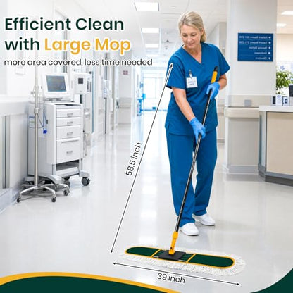 36” Commercial Duster Mops, Extra Large Floor Duster with 2 Replacement Pads, 60” Long Handle Heavy Duty Industrial Wet&Dry Flat Mop for Hardwood Floors, Marble, Laminate, Tile, Concrete, Garage - color: 36" Green Mop+2 Pads