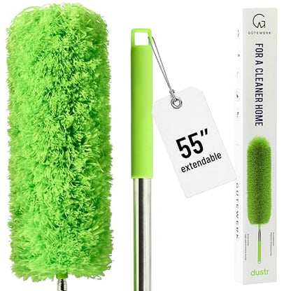 Gütewerk Extendable Microfiber Duster, 55 Inch - Feather Dusters for Cleaning Ceiling Fans, Blinds, Baseboards & High Ceilings - Washable, Electrostatic, 360° Bendable Head, Stainless Steel Pole - color: Green, size: up to 55 inch