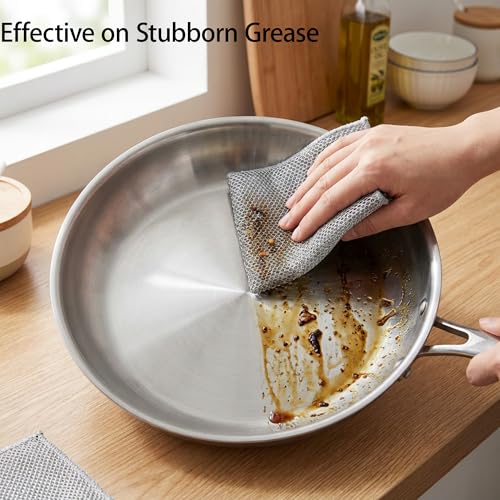 Metal Dish Cloth, Non Scratch Steel Wool Scrubber for Wet and Dry Cleaning, Reusable Single Layer Design for Dishes Sinks Stove Tops and Nonstick Cookware, Silver 5 Pack