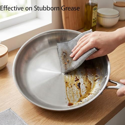 Metal Dish Cloth, Non Scratch Steel Wool Scrubber for Wet and Dry Cleaning, Reusable Single Layer Design for Dishes Sinks Stove Tops and Nonstick Cookware, Silver 5 Pack