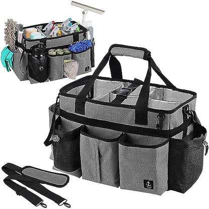 Large Cleaning Caddy Bag Built-in Sturdy Support Board, Cleaning Organizer with Detachable Divider, Cleaning Supply Tote with Adjustable Shoulder Strap&Waist Belt for Cleaners & Housekeeper - color: Grey