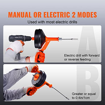 VEVOR Drain Auger 25Ft, Plumbing Snake with Drill Attachment, Plumbers Snake Drain Clog Remover for Kitchen Bathroom Shower Sink with Protective Hose and Gloves - style: Manual-Feed