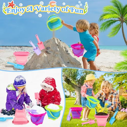 Collapsible Beach Buckets for Kids, Foldable Sand Buckets and Shovels with Mesh Bag, Silicone Sand Pails Travel Beach Toys for Toddlers Easter Egg Hunt, Camping and Fishing Water Pail - style: 3 Buckets
