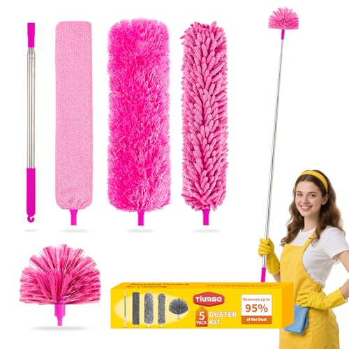 Tiumso 5-in-1 Duster with Extension Pole 100 inch Extendable Dusters for Cleaning Anti-Spin Reusable Dusting Kits for High Ceiling Fans, Cobwebs & Vents, Reinforced Stainless Steel Telescopic Handle - color: Rose Red
