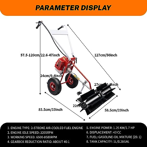 Bepritm Gas Power Broom 43cc 1.7 HP, 2-Stroke Walk Behind Hand Snow Sweeper, Gas Power Lawn Sweeper Broom for Artificial Turf Grass Gravel, Snow Cleaning, Road, Heavy Duty
