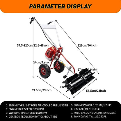 Bepritm Gas Power Broom 43cc 1.7 HP, 2-Stroke Walk Behind Hand Snow Sweeper, Gas Power Lawn Sweeper Broom for Artificial Turf Grass Gravel, Snow Cleaning, Road, Heavy Duty