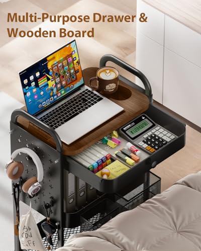 ALVOROG Rolling Cart with Drawer and Wood Table Top, 3 Tier Metal Rolling Utility Cart on Wheels with DIY Pegboards, Hanging Baskets, Hooks for Bedroom,Office,Craft Supplies - color: Black