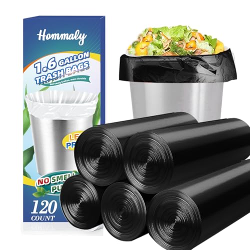 1.6 Gallon 120 pcs Small Black Trash Bags, Strong 1.3 Gallon 1.5 Gallon 1.6 Gallon Garbage Bags, Bathroom Trash Can Bin Liners,Mini Bags Waste Basket Liner,Fit 5-6 Liter, 1.6 Gal-Black-120 - style: 1.6Gal Black-120