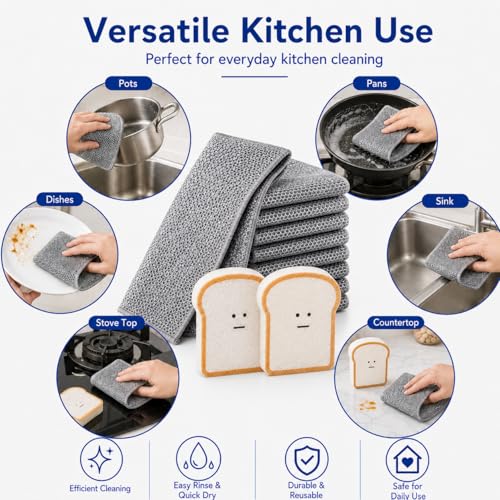 Non Scratch Wire Dishcloths 8 Pack with 2 Kitchen Sponges, Reusable Double Layer Wire Cleaning Cloths for Pots, Pans, Dishes, Sinks and Stove Tops - color: 8+2 Set