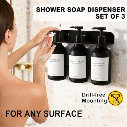 Refillable Shampoo and Conditioner Dispenser Set of 3 - Wall Mounted No Drill Pump with Bottles, 3 Chamber for Shower Soap and Body Wash Dispenser with Labels, Matte Black Bottle for Bathroom (16oz)