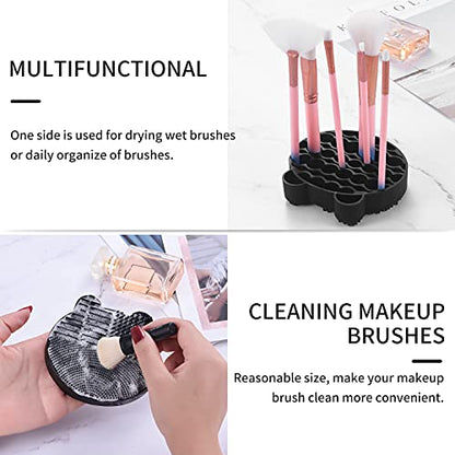 Silicon Makeup Brush Cleaner Mat with Brush Drying manual Make up cleaner cleanser machine Cosmetic Cleaning Pad+Makeup Dry Cleaned Quick Color Removal Sponge Scrubber Tool(Black) - color: New Black