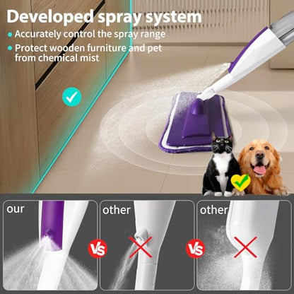 Microfiber Hardwood Floor Spray Mop with 3 Pads & Refillable Bottle | 400+ML refillable bottle, 360° swivel head, wet mopping & dry sweeping for hardwood, tile, laminate and sealed wood floors. - color: Pure Purple