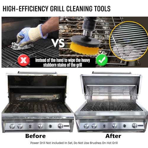 7 Piece BBQ Grill Cleaning Brush Ultra Stiff Drill Powered Cleaning Brushes Nylon Safe Bristle BBQ Grill Rust Remover Gift for Dad Grill Cleaner for Outdoor Grill (Yellow) - color: Yellow