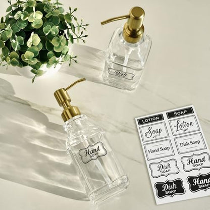 JASAI Antique Square Glass Soap Dispenser with Golden Rust Proof Pump, Refillable soap Dispenser with 10Pcs Stickers for Kitchen, Dish Soap Dispenser for Kitchen Bathroom Soap, Hand soap, Lotion. - color: 1 Pack Golden