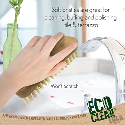 LOLA Bamboo Scrub Brush for Cleaning, Ergonomic Sustainable Durable Poly Bristles Made from Recycled Soda/Water Bottles Easy Hang Hole 1 Count