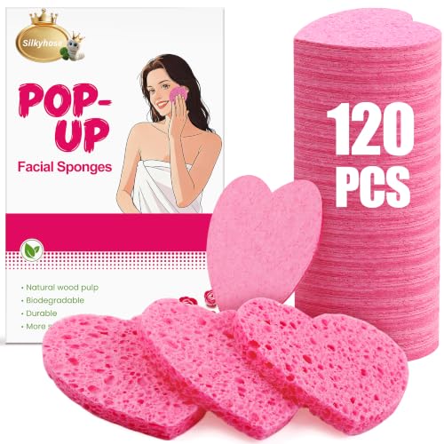 Silkyhose Women 120-Count Compressed Cellulose Heart Shape Face Facial Sponges 100% Natural Cosmetic Sponges for Facial Cleansing Exfoliating Mask Skin Massage (（Pink） 120 Count)