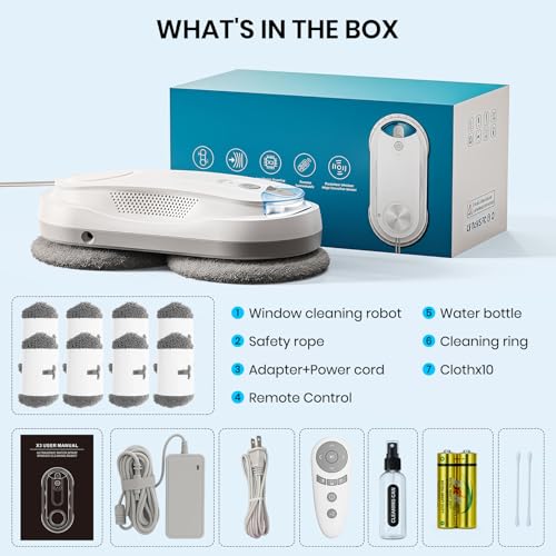 KKI Window Cleaning Robot, Auto Window Cleaner Robot, Dual Spray, Max 3200Pa, AI Path Planning & Edge Detection, Remote Control for High-Rise Windows Outside/Inside,8 Cloths, X3 (White) - color: White, size: X3