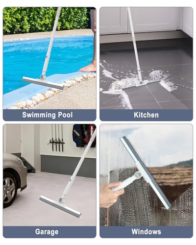 Heavy Duty Floor Squeegee for Concrete Floor– 16.7” Silicone Broom with Cloth Clip Design, 53” Extendable Window Cleaner, Bathroom Mop for Garage, Bathroom, Garage, Tile, Patio &Shower