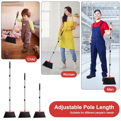 Large Upright Broom and Dustpan, Heavy Duty Dust Pan with 51" Long Handle for Indoor Outdoor Garage Kitchen Room (Black and Red) - color: Black and Red