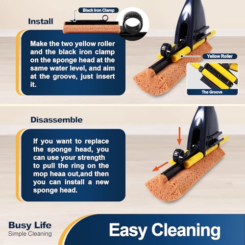 Yocada Sponge Mop Home Commercial Use Tile Floor Bathroom Garage Cleaning with Squeegee and Extendable Telescopic Long Handle 42-52 Inches Easily Dry Wringing - color: Sponge Mop