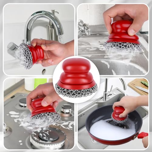 Cast Iron Scrubber and Scraper, Chain Mail Scrubber Cast Iron for Cleaning Dishes, Stock Pots, Pans, Griddles, Grills, Dish Scouring Pads - color: Red Coarse Mesh