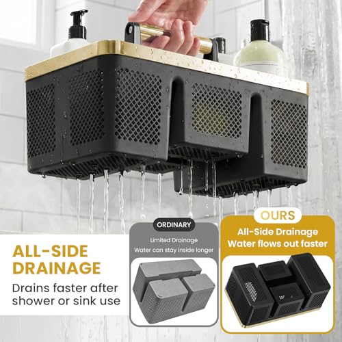 BYUNER Portable Cleaning & Shower Caddy with Handle: Rigid Plastic Basket with 4 Divided Compartments, All-Side Drainage for College Dorm, Bathroom & Utility Use, Black/Gold - color: Black/Gold