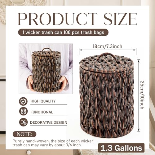 Ctosree 1.3 Gallons Small Trash Can with Lid Handle Boho Woven Braided Bathroom Waste Basket Trash Can with 100 Garbage Bags for Bedroom Office Laundry(Braided Polypropylene, Dark Brown) - color: Dark Brown, style: Round