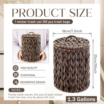 Ctosree 1.3 Gallons Small Trash Can with Lid Handle Boho Woven Braided Bathroom Waste Basket Trash Can with 100 Garbage Bags for Bedroom Office Laundry(Braided Polypropylene, Dark Brown) - color: Dark Brown, style: Round