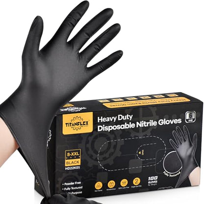 TitanFlex Heavy Duty Black Nitrile Gloves, 6 Mil, Fully Textured, Mechanic Disposable Gloves, Latex Free, Powder Free - color: 01 Black (S, 100ct)