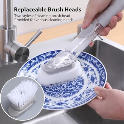 Soap Dispensing Dish Brush Set - Ergonomic Kitchen Scrub Brush with 4 Replaceable Heads (2 Bristles & 2 Sponges), Non-Slip Palm Scrubber for Pot, Pan, and Sink Cleaning