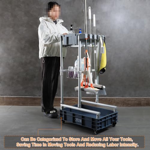 Rolling Cleaning Cart with Mop & Broom Organizer ， Convenient Storage Cart for Janitorial Supplies, Tools, and Cleaning Equipment ， Floor Cleaning Station with Wheels for Housekeeping, Garage &Garden