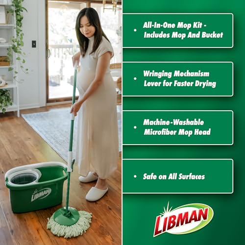 Libman Tornado Spin Mop System with Refill Heads, Microfiber Spinning Mop and Bucket with Wringer Set for Home, Floor Cleaning of Hard-Wood, Laminate, Tile, All Surface Cleaner - style: Spin Mop Plus 3 Refills