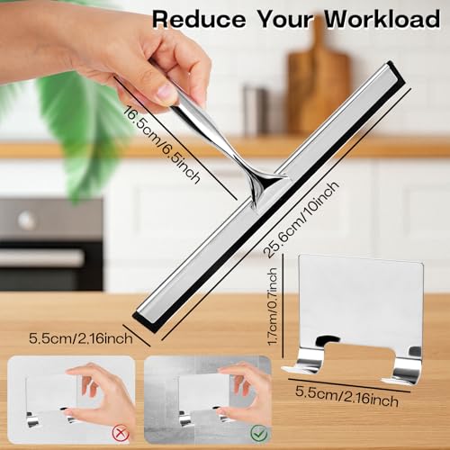 10 Inch Stainless Steel Shower Squeegee for Glass Doors, with 1 Hooks 1 Screwdriver, Bathroom Tool Household Window Mirror Squeegee, for Tile Wall, Car, Silver