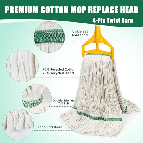 3 Pack Heavy Duty Commercial Industrial Mop Replacement Heads with 48'' Long Handle, 20oz Looped-End String Wet Cotton Mops Refills for Home,Garage,Office and Kitchen