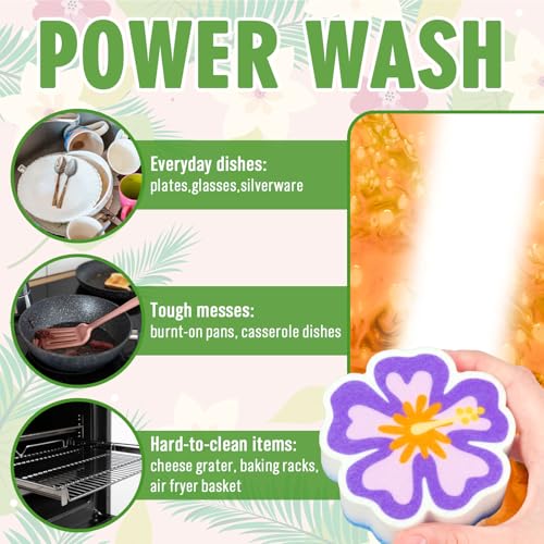 AnyDesign 4Pcs Hibiscus Flower Kitchen Sponges Water Absorbing Dish Washing Sponge Tropical Hawaiian Floral Dual Sided Non Scratch Scrubber for Summer Aloha Festival Household Supplies