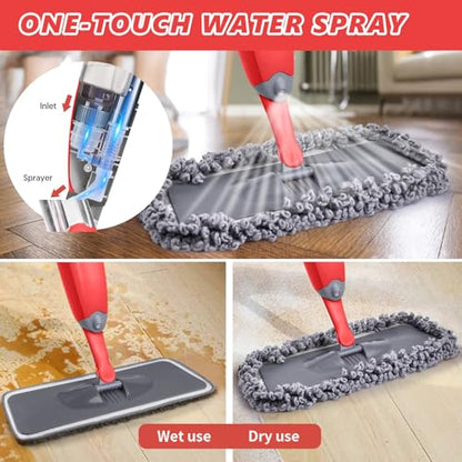 HOMTOYOU Dust Mop for Hardwood Floors: Microfiber Spray Mop for Cleaning | 3 Pcs Washable Reusable Pads, 1Pcs 400+ML Refillable Bottle, 360-Degree Swivel Mop, Red & Gray - color: Red