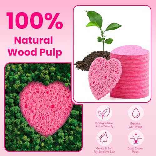 80-Count Compressed Cellulose Heart Shape Facial Sponges – 100% Natural Cosmetic Sponges for Gentle Facial Cleansing, Exfoliating, Makeup Remover & Mask Application, Reusable Travel Size