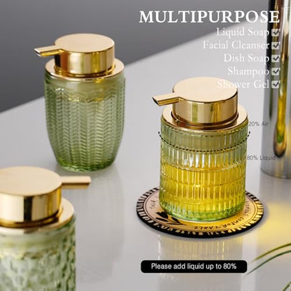 CICUFY Glass Foam Soap Dispenser for Kitchen & Bathroom, Refillable Lotion Dispenser with Large Gold Pump(Striped Pattern-Green) - color: Green, style: Foam/Striped Pattern