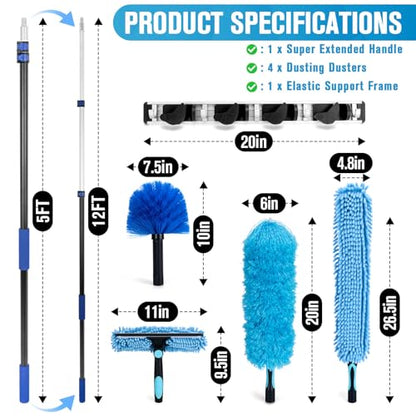 Cobweb Duster with Extension Pole, 20Ft Ceiling Fan Cleaner Duster, High Ceiling Duster Kit with 5-12Ft Telescoping Extension Pole, Long Handle Duster for High Ceilings, Window Washer Kit